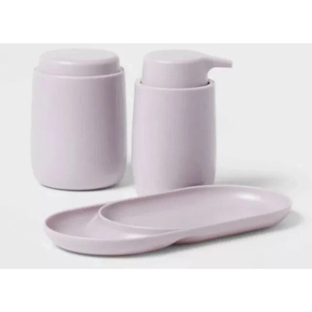 Room Essentials~ 3pc Lavender Bath Bundle Set: Soap Tray, Pump & Canister. New